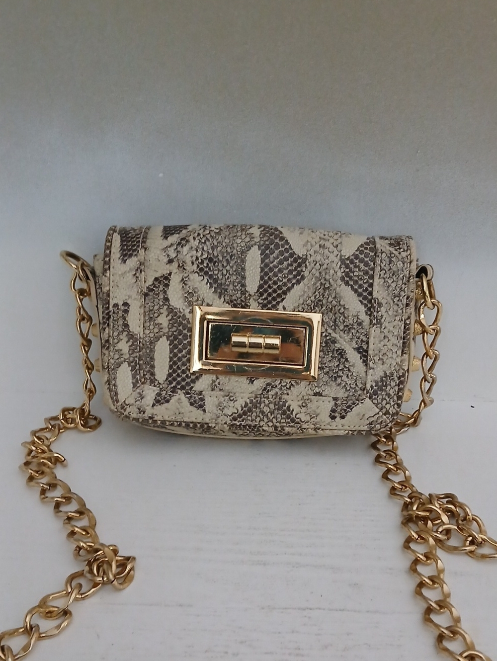 Olivia + Joy Cream Snake-Print Crossbody with Gold Chain
